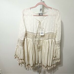 Bohemian People Boho Crochet Blouse Tassel Shell Eyelet Top Blouse S/M Prairie